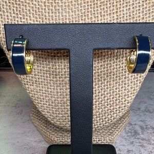 Monet signed Gold-tone Hoop Earrings with Navy Enamel Inlay EUC